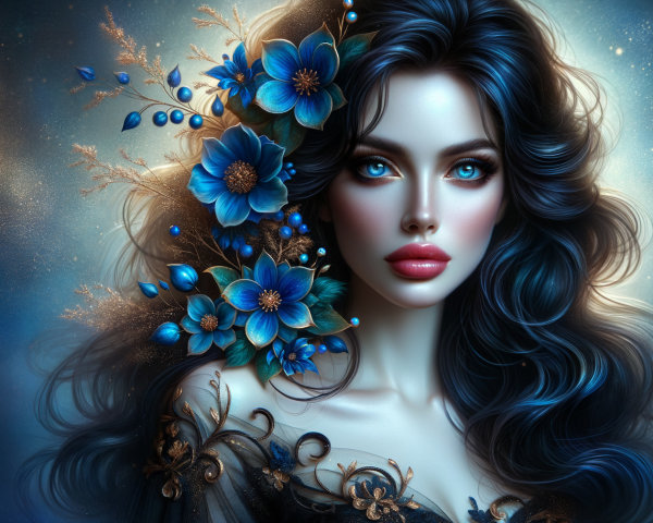 Portrait of a woman with dark hair and blue flowers