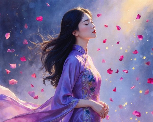 Serene Woman in Purple Robe Surrounded by Petals