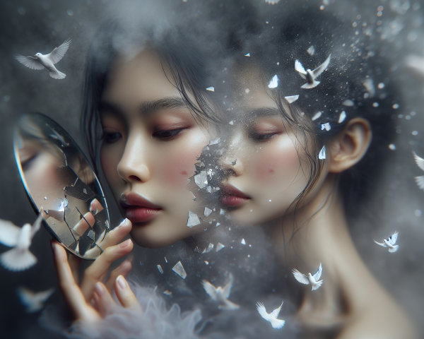 Portrait of a Young Woman with Fragmented Mirror and Doves