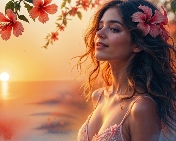 Young Woman with Hibiscus Flowers at Sunset