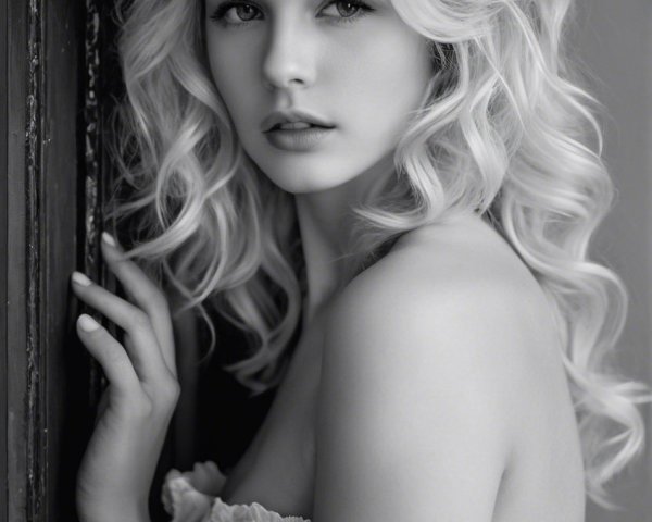 Black and White Portrait of a Young Woman with Lace Top