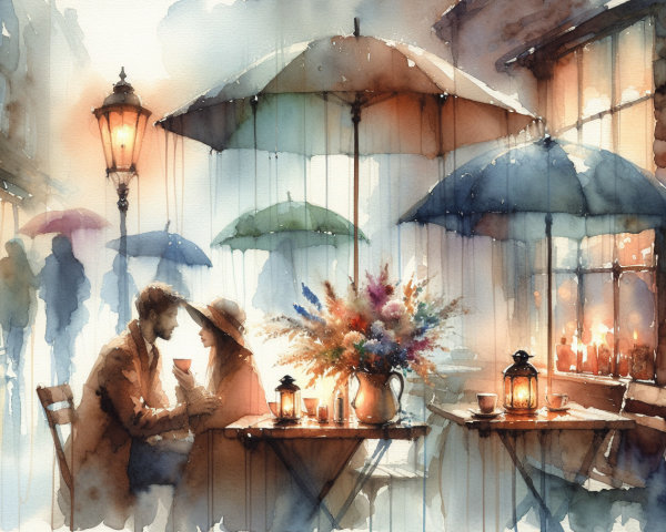 Watercolor Scene of Romantic Café with Umbrellas