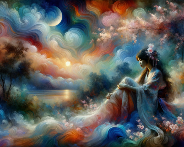 Serene Woman in Traditional Attire Amidst Vibrant Landscape
