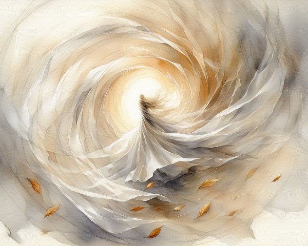 Graceful figure in white dress amidst soft hues