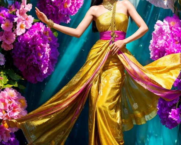 Model in Golden Dress Surrounded by Colorful Flowers