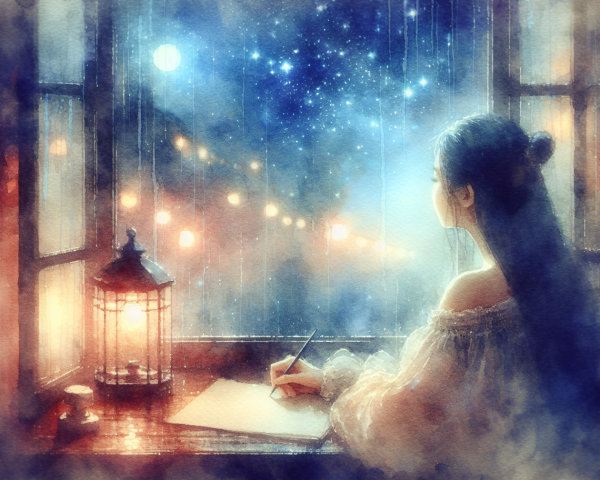 Digital Watercolor of Woman at Window with Moonlight