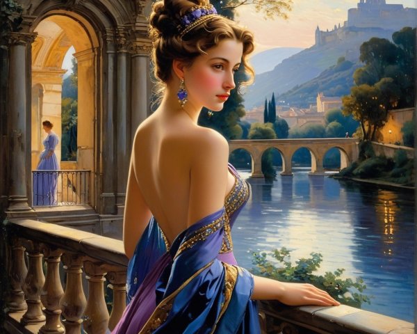Elegant Woman on Balcony Overlooking Serene River