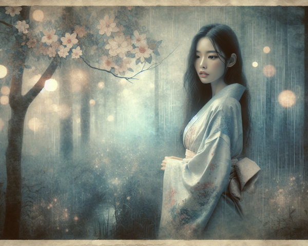 Mystical Scene of a Woman in a Kimono with Blossoms
