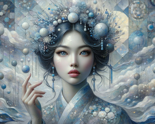 Serene Woman in Floral Adornments and Dreamlike Background