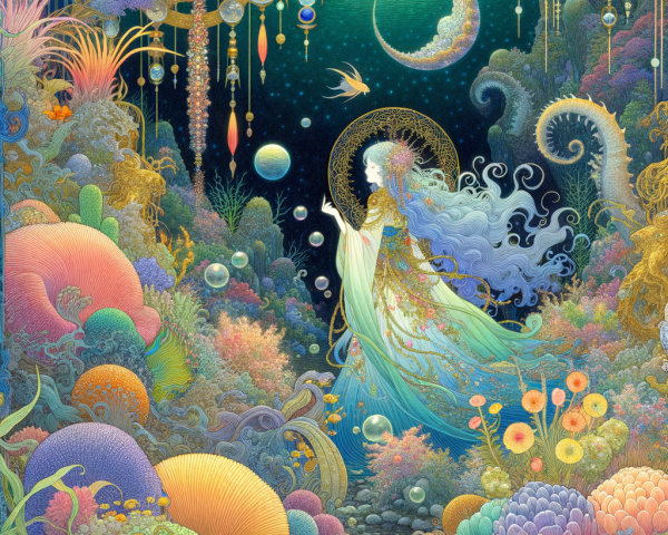 Intricate Underwater Scene with Mystical Figure and Coral