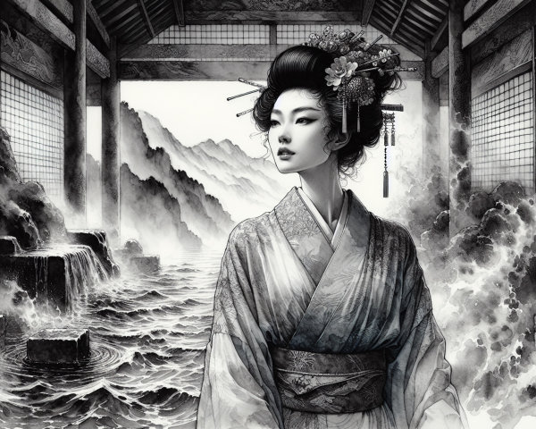 Monochromatic Image of Woman in Traditional Kimono
