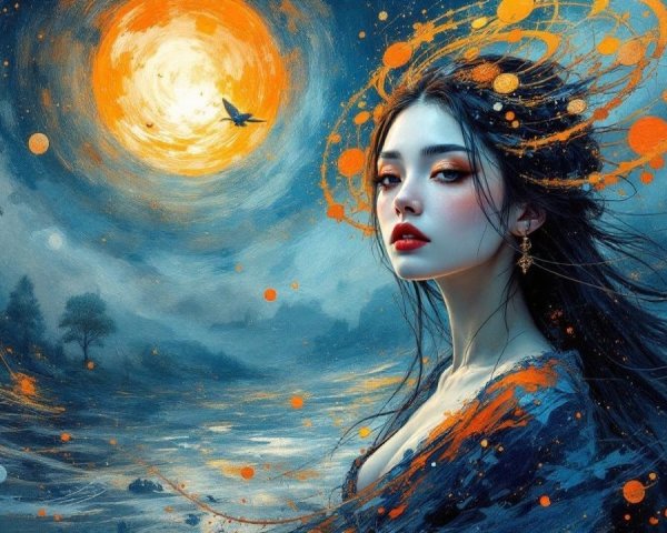 Young woman in mystical landscape with vibrant colors