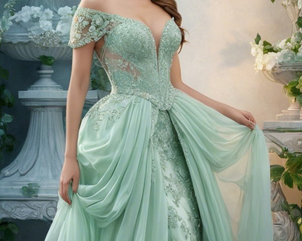 Elegant Mint Green Gown with Lace Detailing and Floral Accents