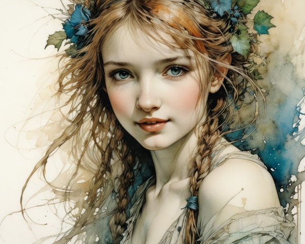 Portrait of a Young Woman with Green Leaves and Braids
