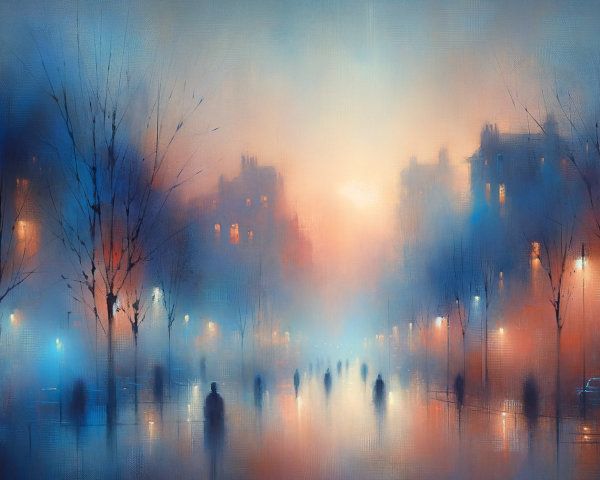 Dreamy Cityscape with Soft Blue and Orange Hues