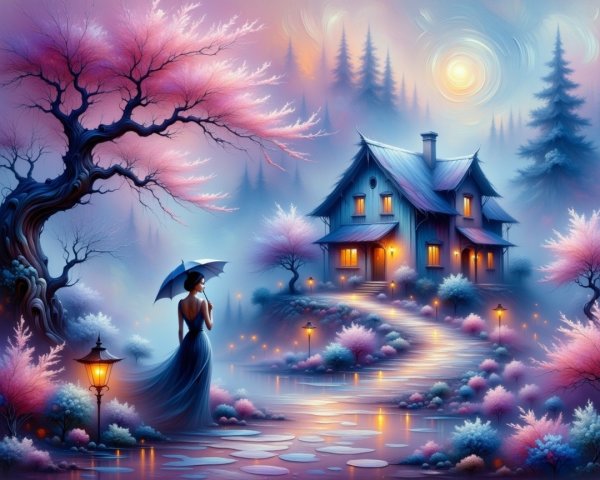 Dreamy Landscape with Cherry Blossoms and Elegant House