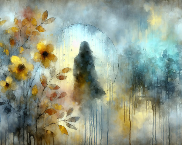 Misty Landscape with Silhouette and Abstract Flora