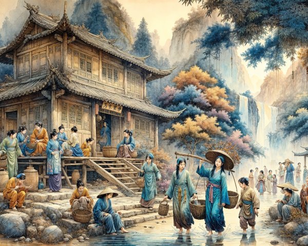 Traditional Village Amidst Lush Mountains and Waterfall