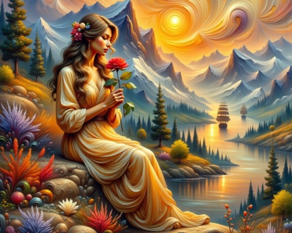 Woman in Yellow Dress by Serene River at Sunset