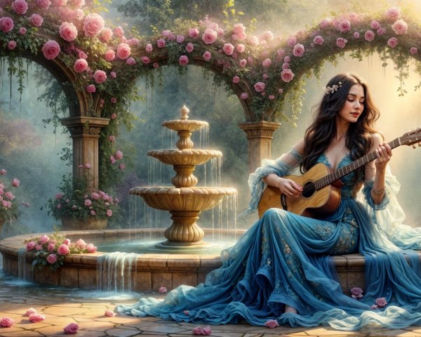 Serene Garden Scene with Woman Playing Guitar