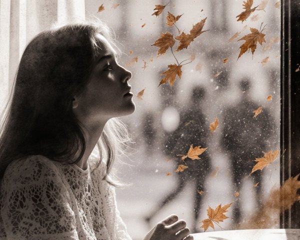Young Woman Contemplating by Window in Black and White