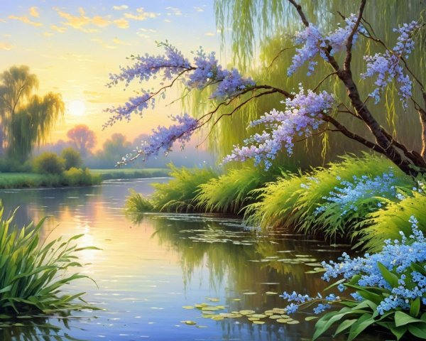 Serene Dawn Landscape with Tranquil River and Blossoms