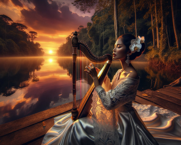 Woman in gown plays harp by tranquil lake at sunset