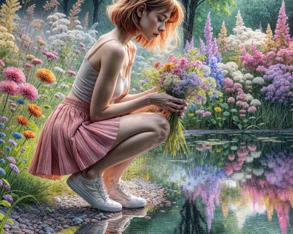 Young Woman by Serene Pond with Wildflowers