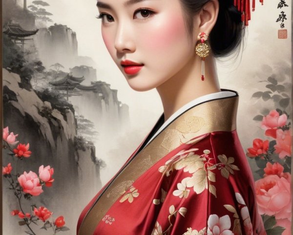 Young Woman in Red Kimono Surrounded by Nature