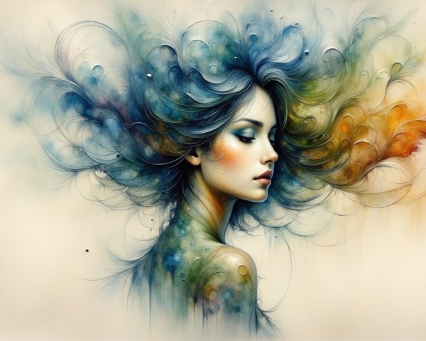 Serene Woman with Flowing Hair and Colorful Swirls