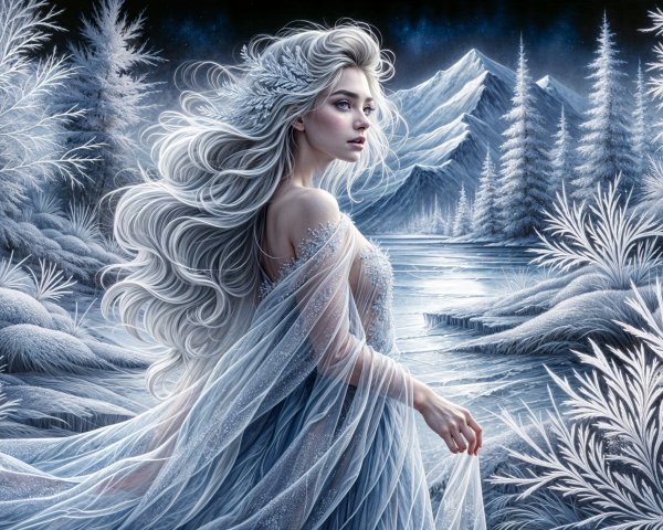 Serene Figure in Ethereal Icy Winter Landscape