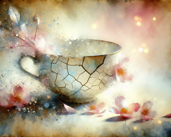 Delicate Ceramic Cup Surrounded by Cherry Blossoms