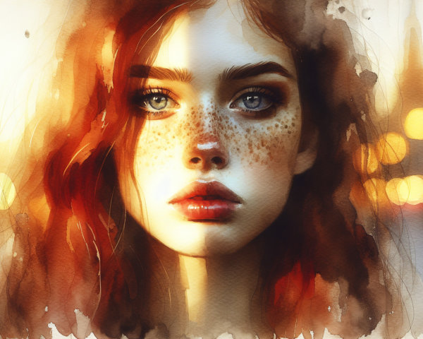 Young woman with freckles and red hair at sunset