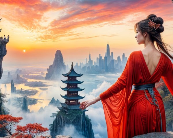 Serene Sunset Landscape with Woman in Red Gown