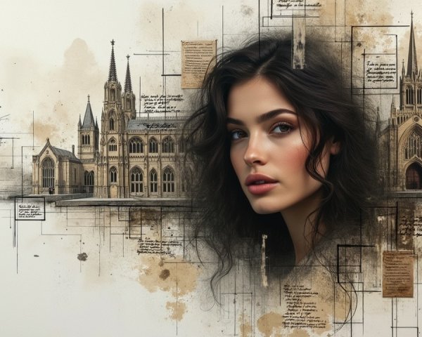 Artistic Fusion of Woman's Face and Gothic Cathedral