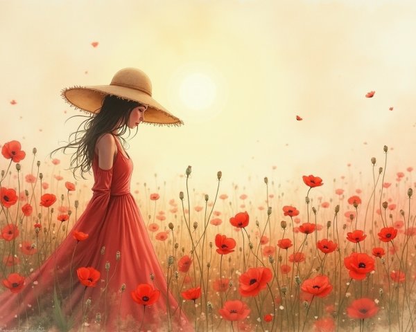 Young Woman in Red Dress Among Vibrant Poppies