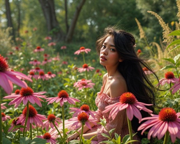 Young Woman in Echinacea Flower Field with Sunlight
