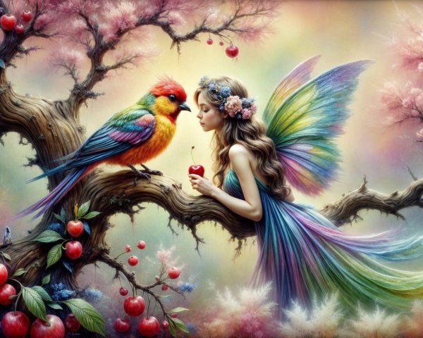 Whimsical Fairy and Parrot in Enchanting Landscape