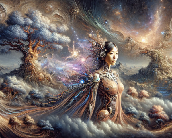 Futuristic Landscape with Woman in Surreal Environment