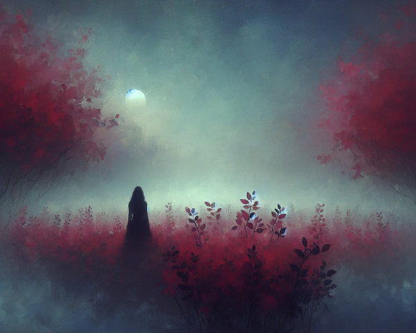 Solitary Figure in Dreamlike Landscape with Fog