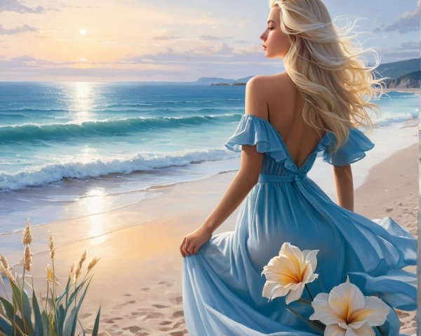 Serene Beach Sunset with Woman in Blue Dress