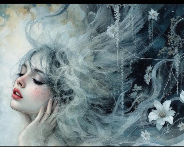 Serene Woman with Silvery Hair and Starry Background