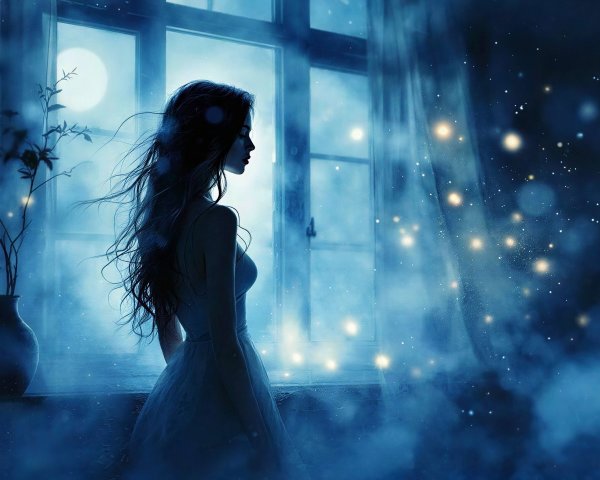 Ethereal Woman in Light Blue Dress by Moonlit Window