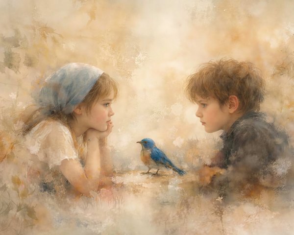 Watercolor Painting of Children with Blue Bird and Flowers