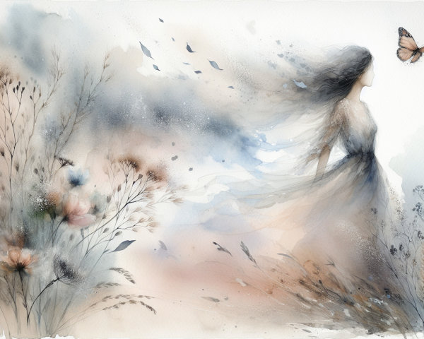 Tranquil Watercolor Scene with Graceful Figure and Nature