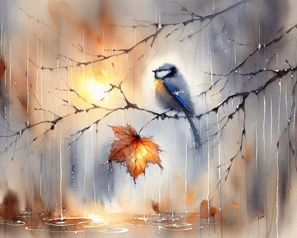 Watercolor Scene of a Bluebird on a Branch