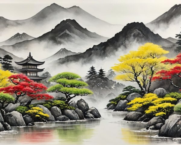 Serene Landscape with Mountains and Autumn River