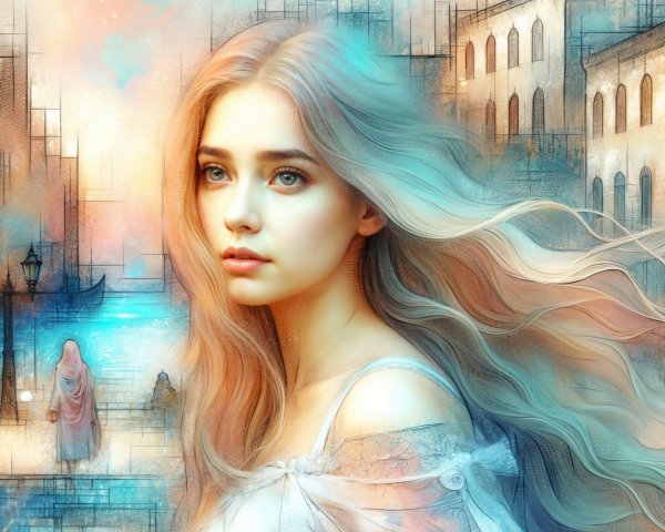 Young woman in dreamy pose against cityscape backdrop