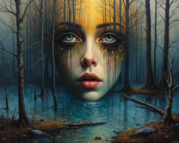 Surreal Landscape with Haunting Face in Misty Forest