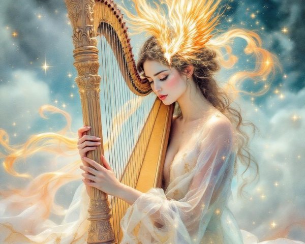 Serene woman playing golden harp among clouds and stars
